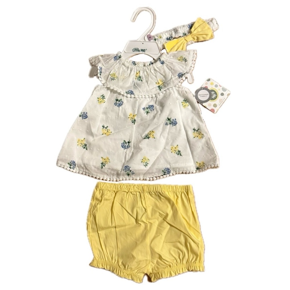 Little Me Baby Girl 3 Piece Yellow/Floral Outfit Set With Matching Headband
